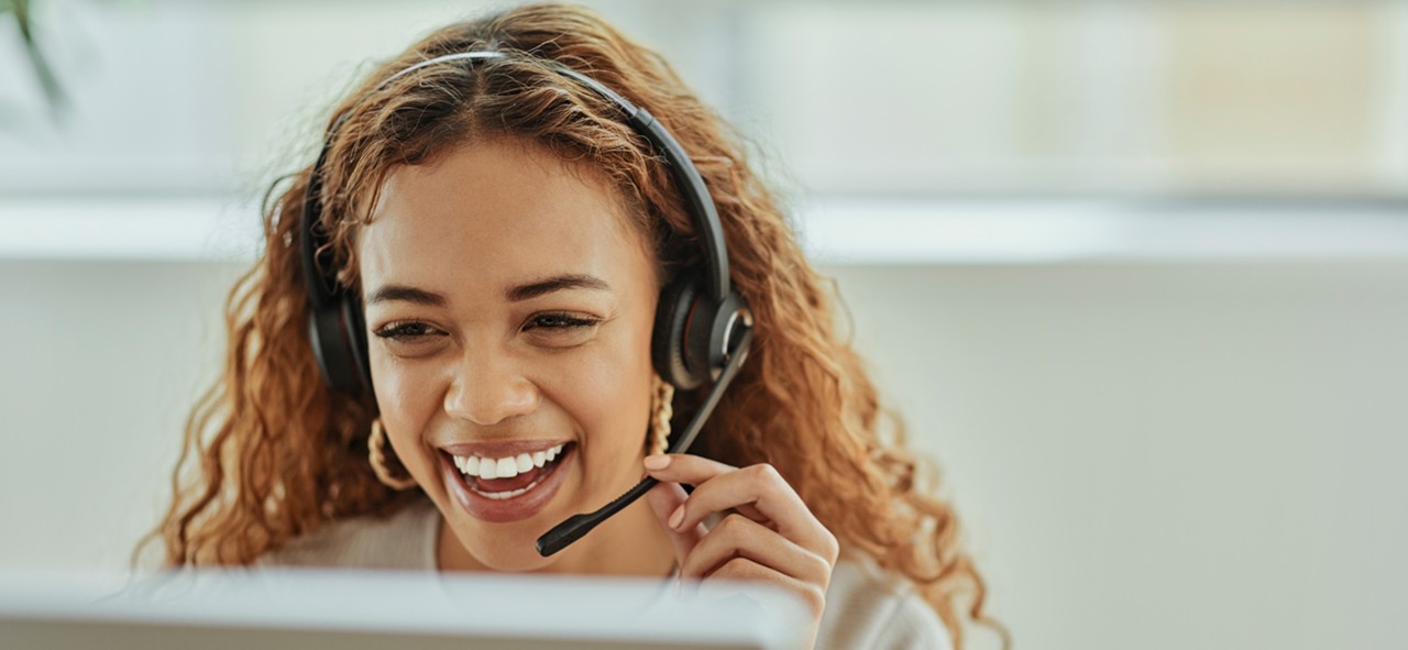 Call center, telemarketing sales woman or support agent with computer for virtual consulting, advice or help with IT software. Ecommerce, information technology or online advisor talk to website user